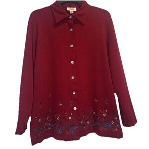 VTG Talbots Womens Red Floral Embroidered Knit Long Sleeve Button Up Shirt Top M